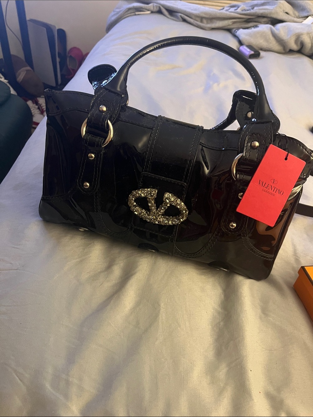 Black Patent Top-Handle Bag with Crystal Emblem - Valentino